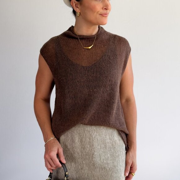 Women’s Open-Knit Mock Neck Sweater Tank – Cocoa Brown Top - Picture 1 of 10